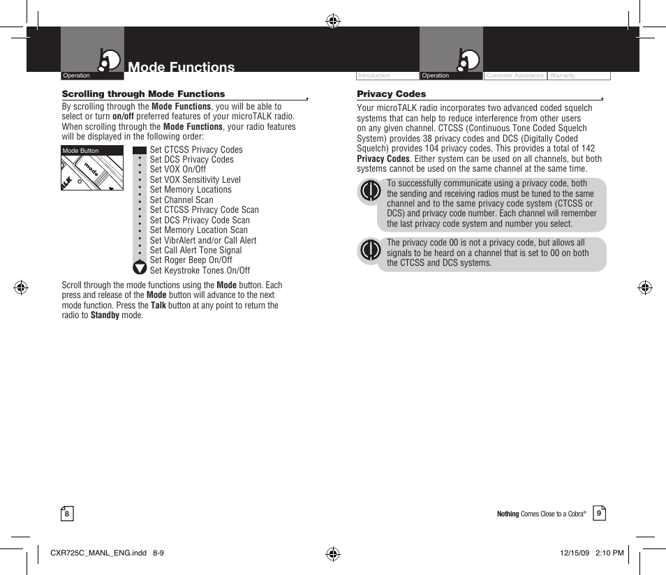 Mode functions | Cobra Electronics MICROTALK CXR725C User Manual | Page 7 / 17