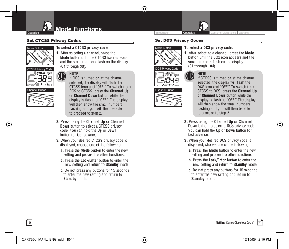 Mode functions | Cobra Electronics MICROTALK CXR725C User Manual | Page 8 / 17