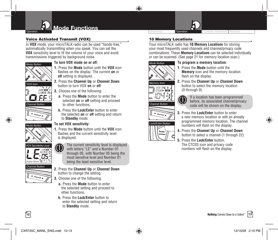 Mode functions | Cobra Electronics MICROTALK CXR725C User Manual | Page 9 / 17
