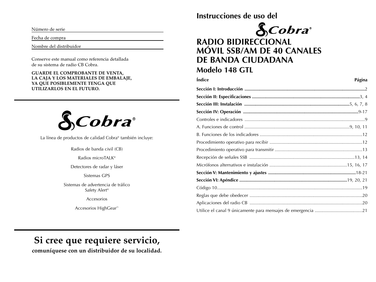 Si cree que requiere servicio, Instrucciones de uso del, Modelo 148 gtl | Cobra Electronics HH36ST User Manual | Page 14 / 24
