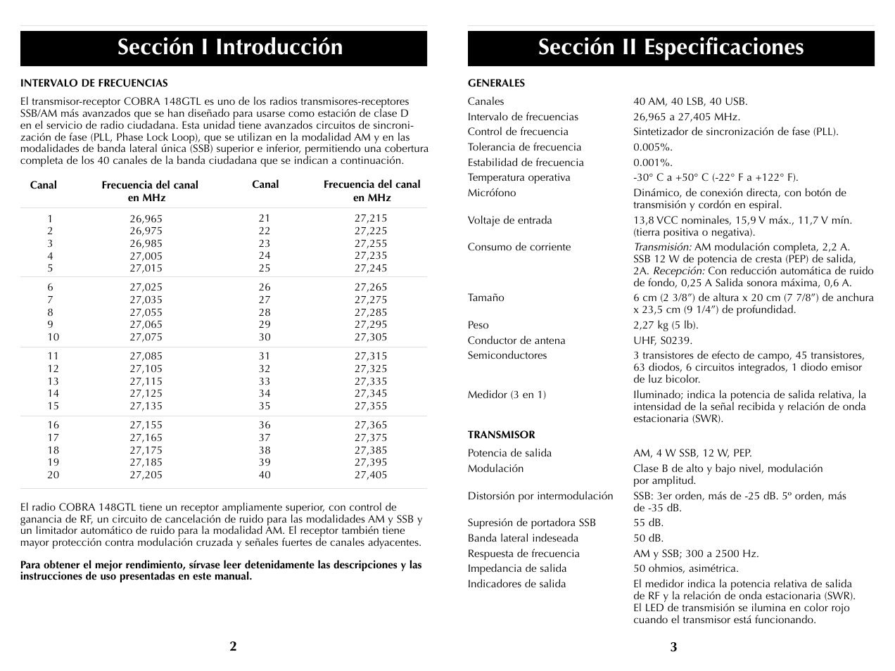 Sección ii especificaciones, Sección i introducción | Cobra Electronics HH36ST User Manual | Page 15 / 24