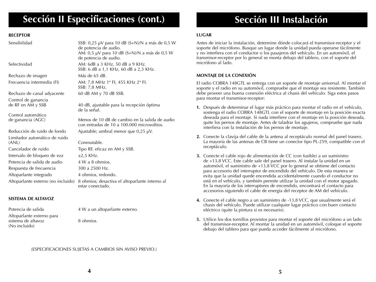 Sección iii instalación, Sección ii especificaciones (cont.) | Cobra Electronics HH36ST User Manual | Page 16 / 24