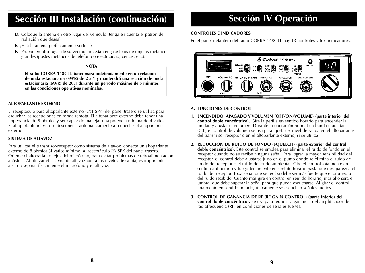 Sección iv operación, Sección iii instalación (continuación) | Cobra Electronics HH36ST User Manual | Page 18 / 24