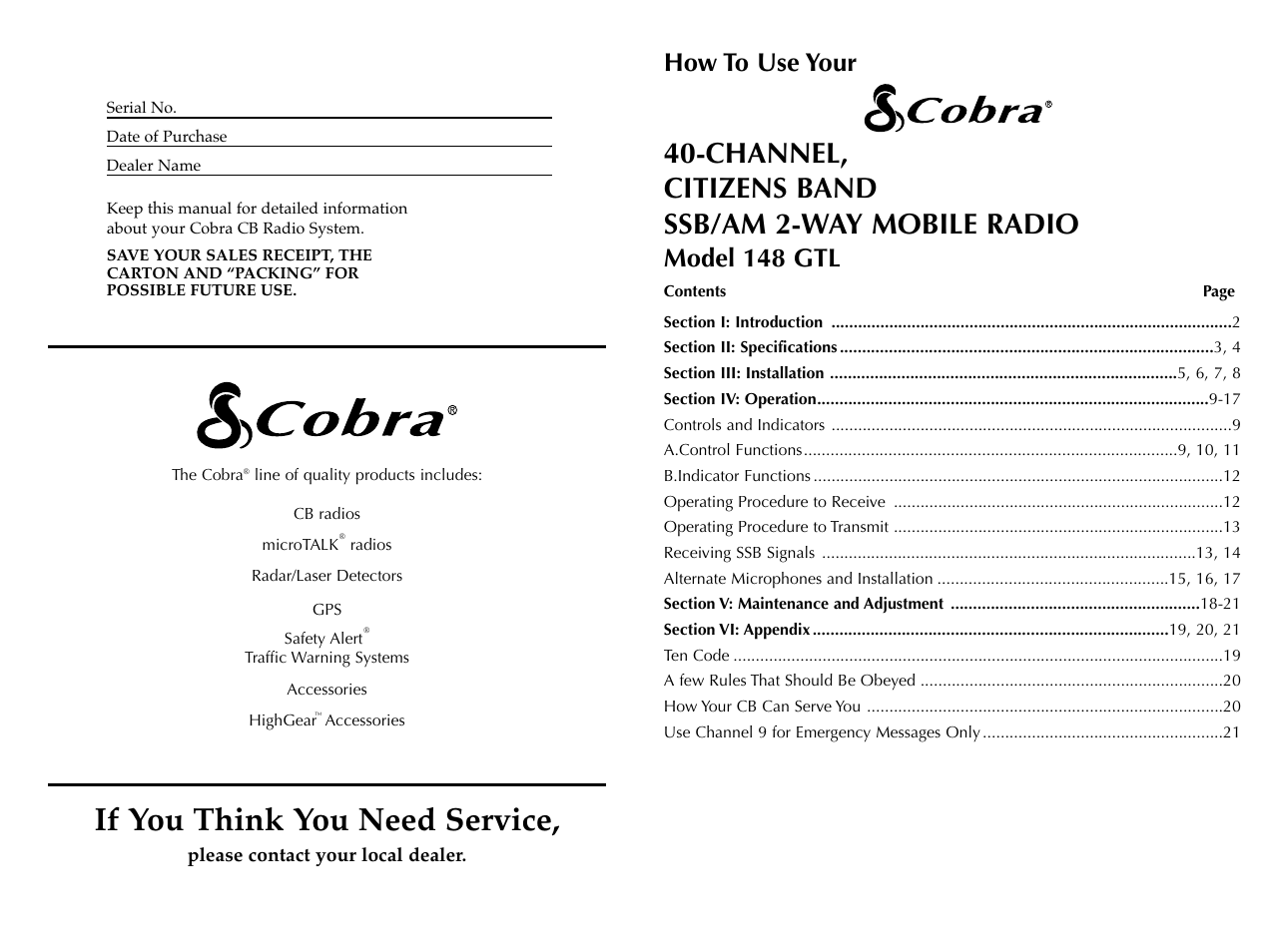 If you think you need service, Channel, citizens band ssb/am 2-way mobile radio, How to use your | Model 148 gtl | Cobra Electronics HH36ST User Manual | Page 2 / 24