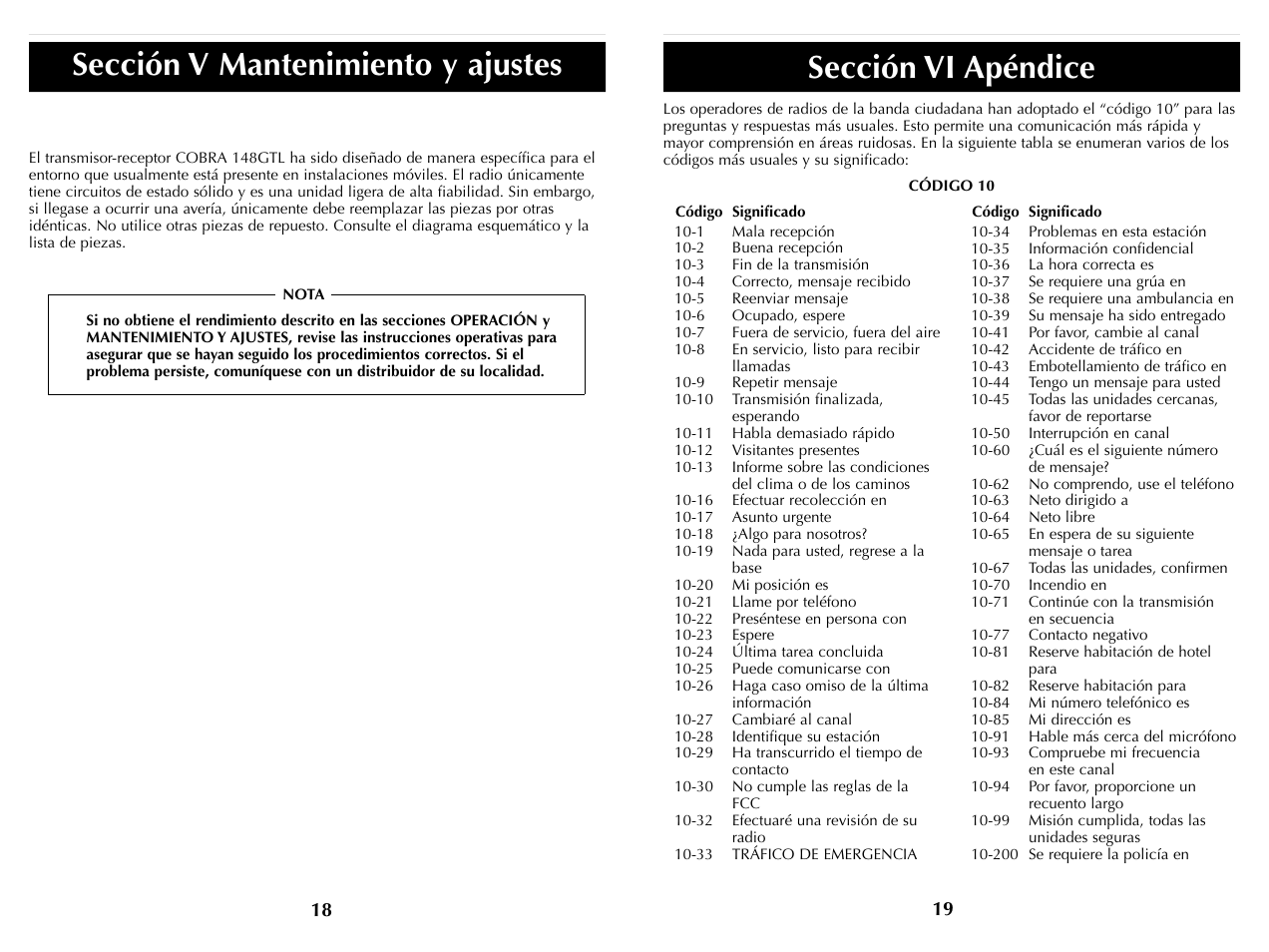 Sección vi apéndice, Sección v mantenimiento y ajustes | Cobra Electronics HH36ST User Manual | Page 23 / 24