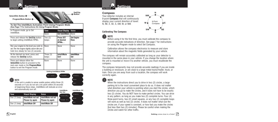 Settings, Compass | Cobra Electronics PRO 9780 User Manual | Page 11 / 22