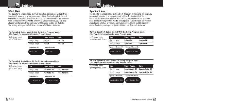 Settings, Spectre 1 alert, Vg-2 alert | Cobra Electronics PRO 9780 User Manual | Page 13 / 22