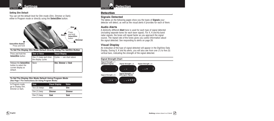 Detection, Settings | Cobra Electronics PRO 9780 User Manual | Page 15 / 22