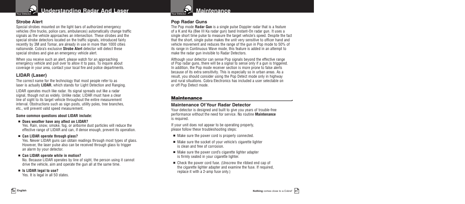 Maintenance, Understanding radar and laser, Pop radar guns | Maintenance of your radar detector, Strobe alert, Lidar (laser) | Cobra Electronics PRO 9780 User Manual | Page 18 / 22