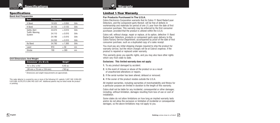 Warranty, Specifications, Limited 1-year warranty | Cobra Electronics PRO 9780 User Manual | Page 19 / 22