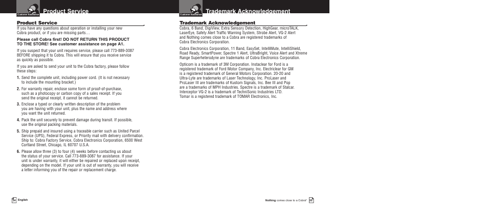 Trademark acknowledgement, Product service | Cobra Electronics PRO 9780 User Manual | Page 20 / 22