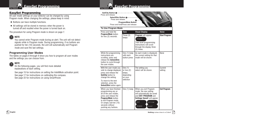 Easyset programming, Programming user modes | Cobra Electronics PRO 9780 User Manual | Page 6 / 22