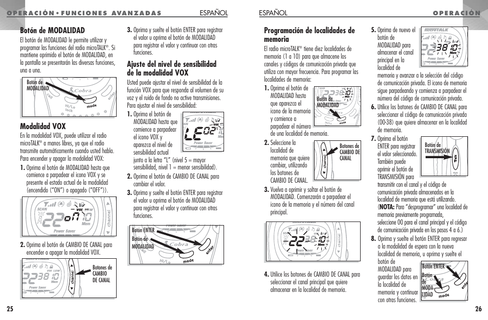 Botón de modalidad, Modalidad vox | Cobra Electronics MICROTALK PR 950 DX User Manual | Page 14 / 19