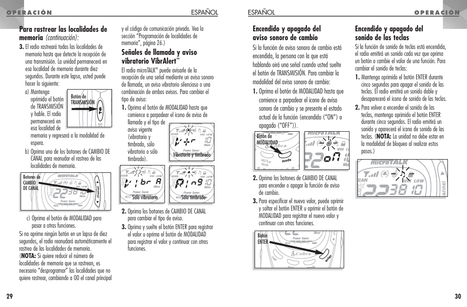 Señales de llamada y aviso vibratorio vibralert, Encendido y apagado del aviso sonoro de cambio, Encendido y apagado del sonido de las teclas | Cobra Electronics MICROTALK PR 950 DX User Manual | Page 16 / 19
