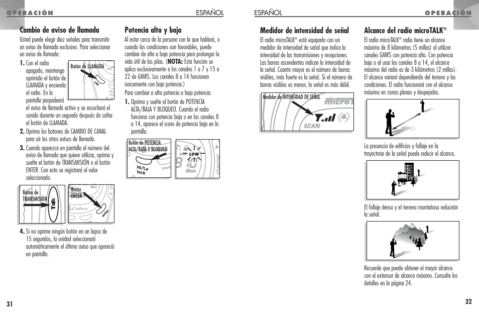 Cambio de aviso de llamada, Potencia alta y baja, Medidor de intensidad de señal | Alcance del radio microtalk | Cobra Electronics MICROTALK PR 950 DX User Manual | Page 17 / 19