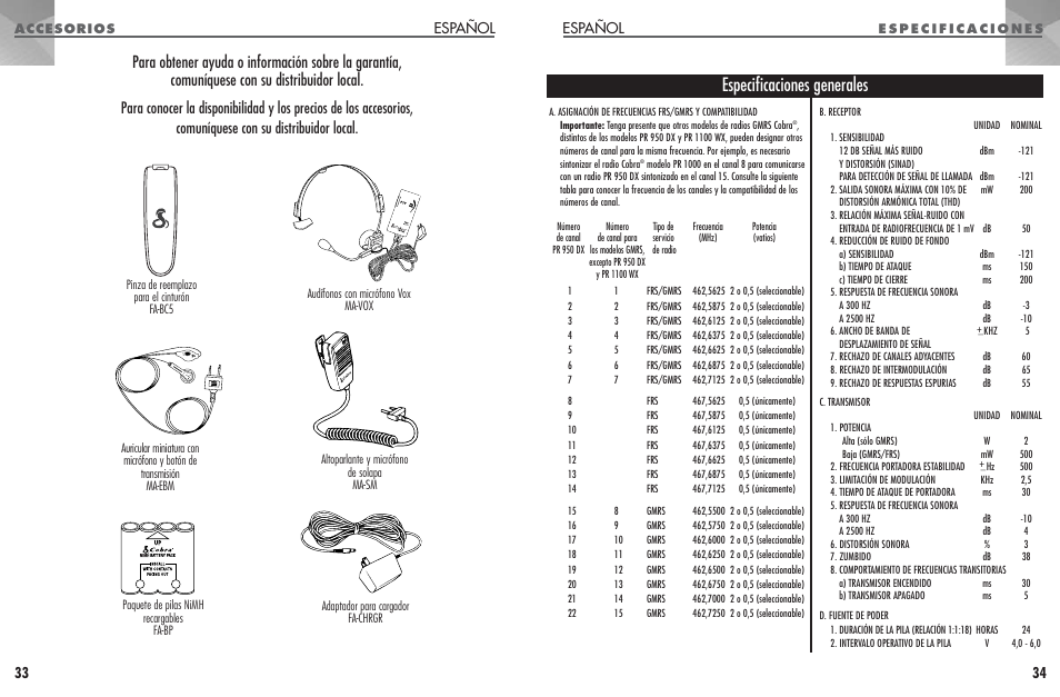 Especificaciones generales, Español 34, Español 33 | Cobra Electronics MICROTALK PR 950 DX User Manual | Page 18 / 19