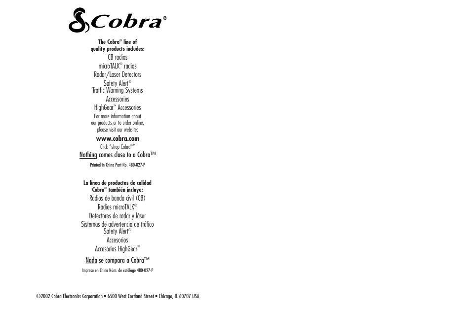 Cobra Electronics MICROTALK PR 950 DX User Manual | Page 19 / 19