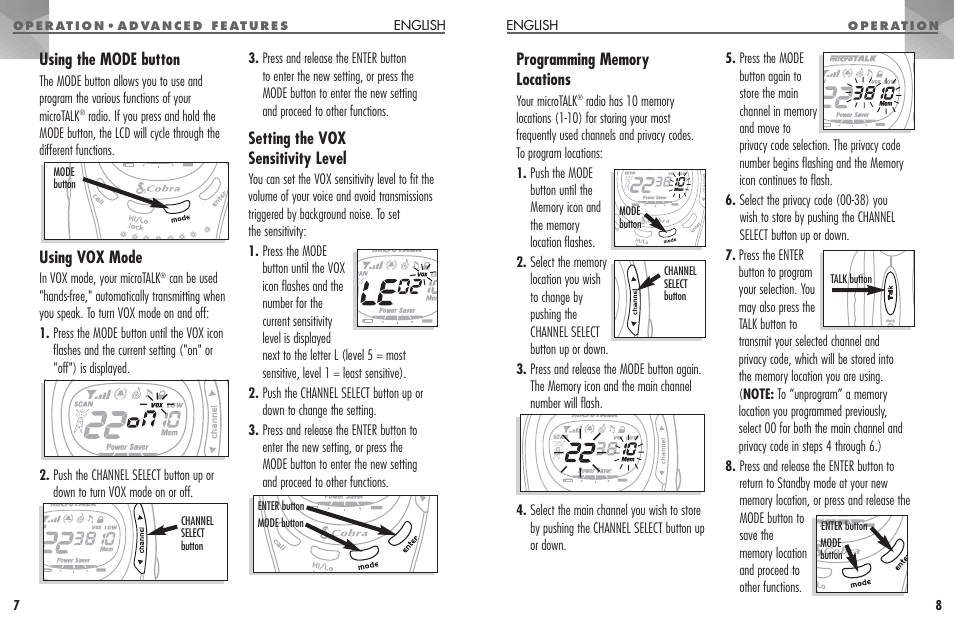Using the mode button, Using vox mode, Setting the vox sensitivity level | Cobra Electronics MICROTALK PR 950 DX User Manual | Page 5 / 19