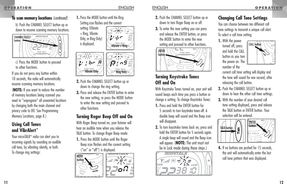 Using call tones and vibralert, Turning roger beep off and on, Turning keystroke tones off and on | Changing call tone settings | Cobra Electronics MICROTALK PR 950 DX User Manual | Page 7 / 19