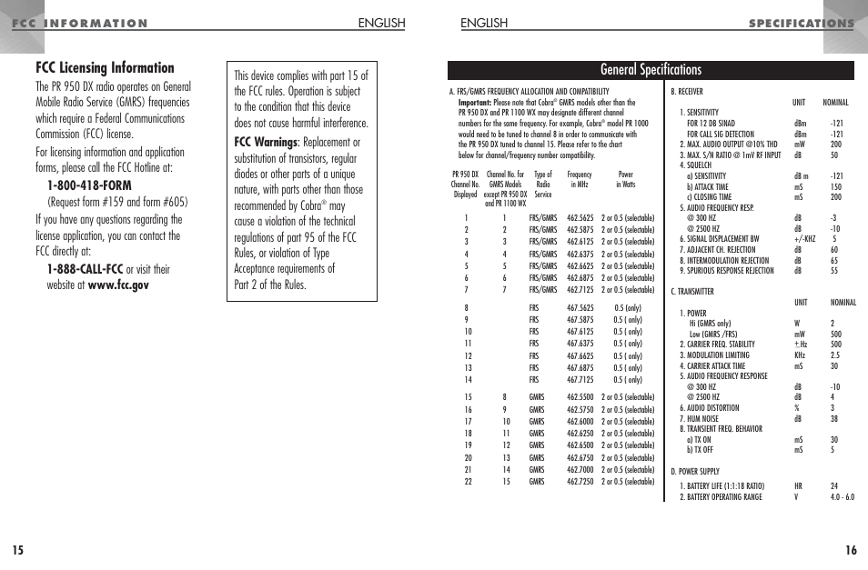General specifications, Fcc licensing information, English 15 | English | Cobra Electronics MICROTALK PR 950 DX User Manual | Page 9 / 19