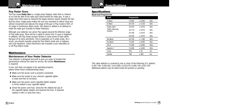 Specifications, Maintenance, Pop radar guns | Maintenance of your radar detector | Cobra Electronics 12 BAND XRS 9840 User Manual | Page 17 / 21