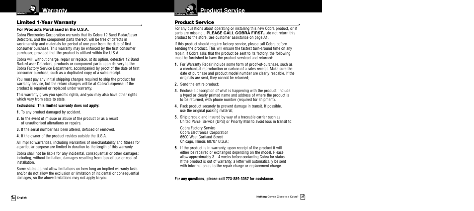 Warranty, Product service | Cobra Electronics 12 BAND XRS 9840 User Manual | Page 18 / 21