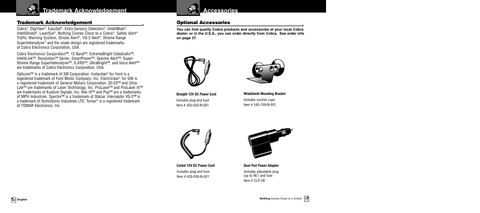 Accessories, Trademark acknowledgement, Optional accessories | Cobra Electronics 12 BAND XRS 9840 User Manual | Page 19 / 21