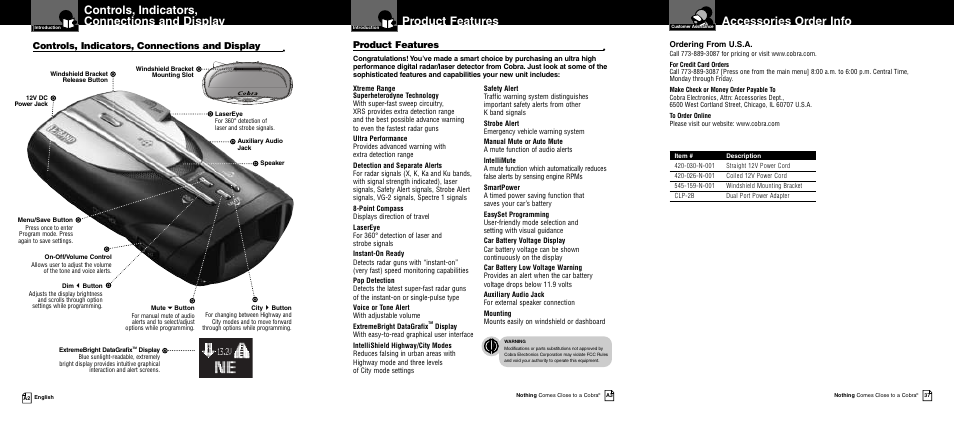 Controls, indicators, connections and display, Product features, Accessories order info | Cobra Electronics 12 BAND XRS 9840 User Manual | Page 2 / 21