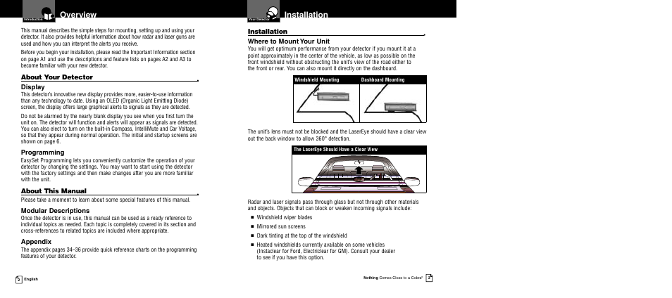 Overview, Installation | Cobra Electronics 12 BAND XRS 9840 User Manual | Page 4 / 21