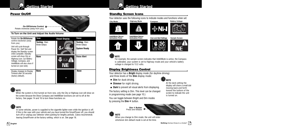 Getting started, Standby screen icons, Display brightness control | Power on/off | Cobra Electronics 12 BAND XRS 9840 User Manual | Page 6 / 21