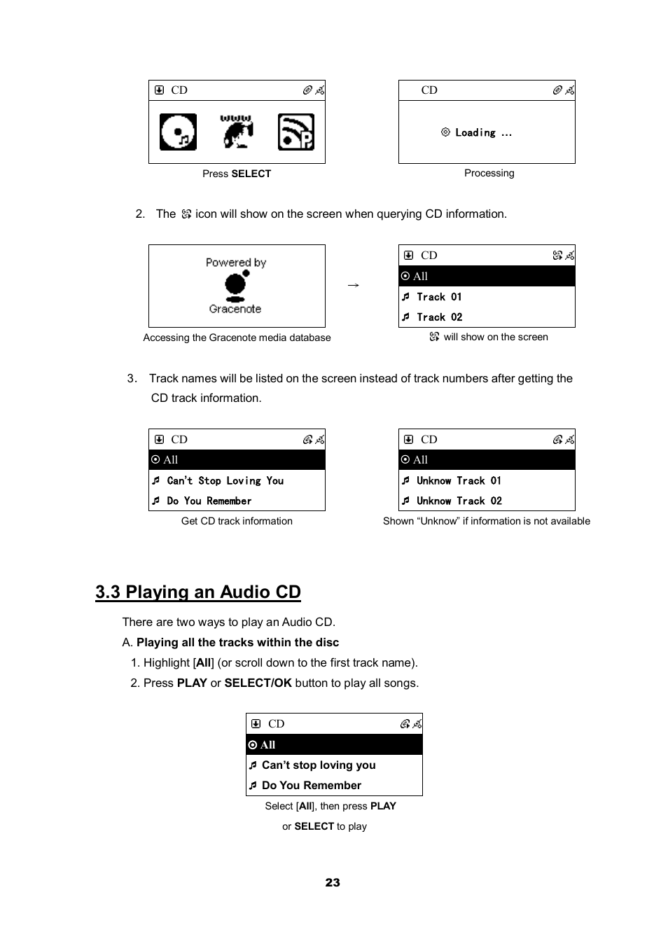 3 playing an audio cd | Cobra Electronics CIR 2000 A User Manual | Page 23 / 76