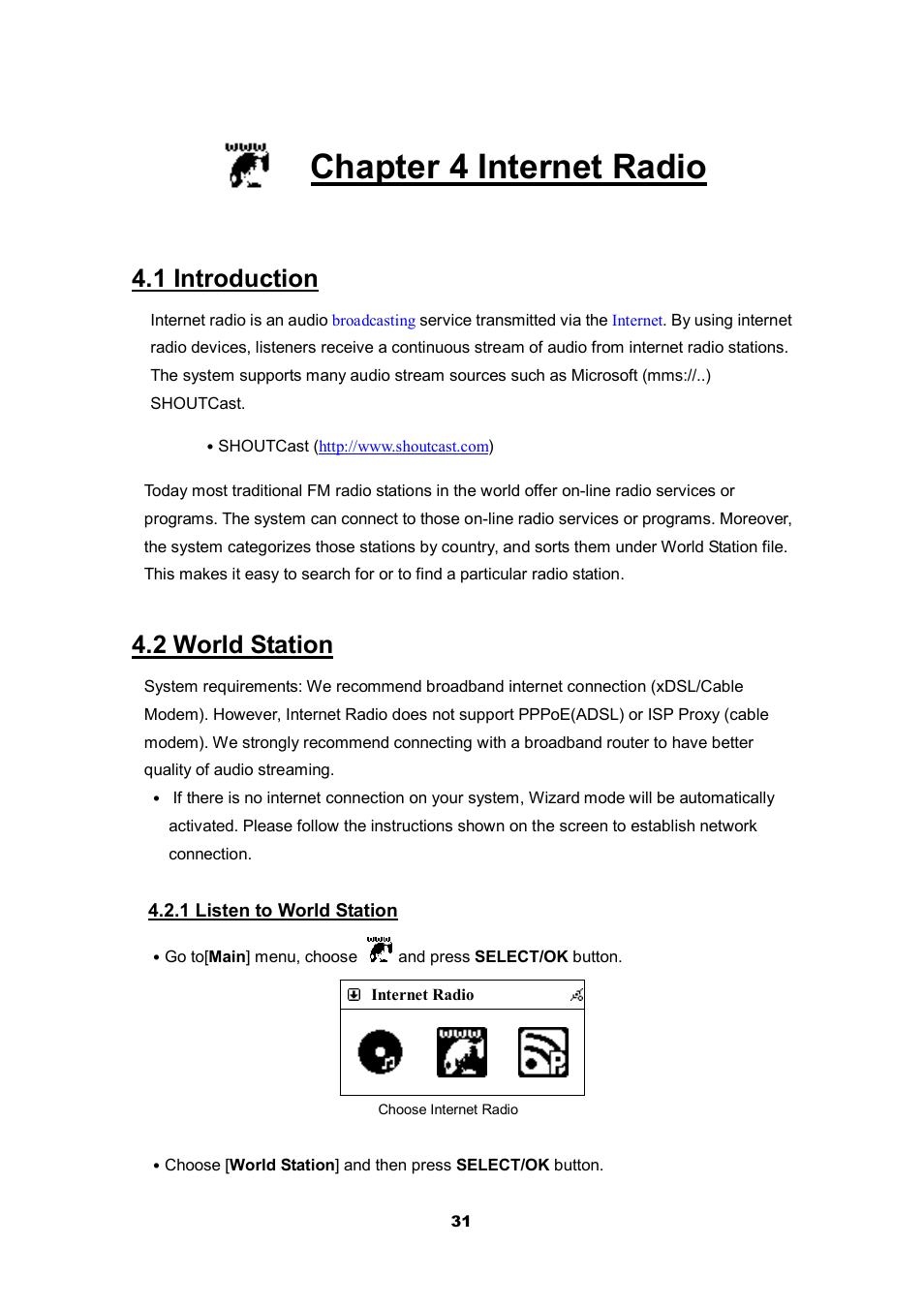Chapter 4 internet radio, 1 introduction, 2 world station | Cobra Electronics CIR 2000 A User Manual | Page 31 / 76