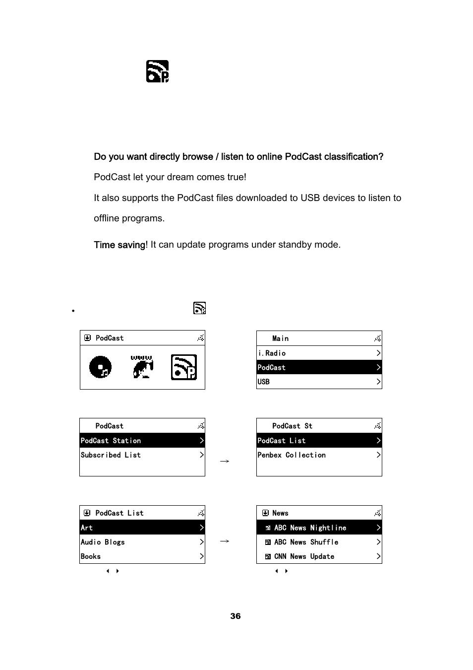 Podcast, Chapter 5, 1 introduction | 2 listen to podcast | Cobra Electronics CIR 2000 A User Manual | Page 36 / 76