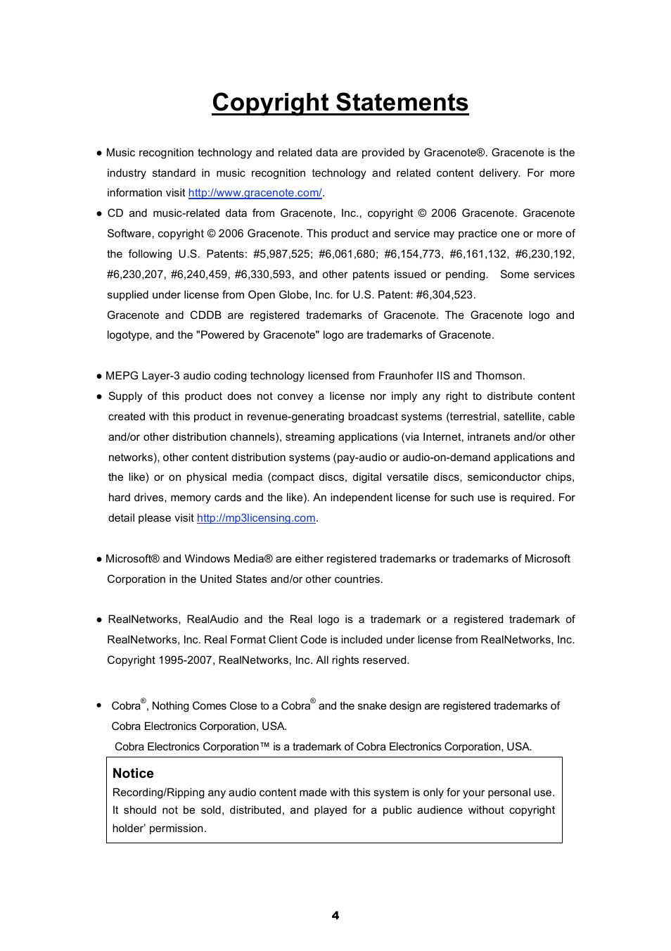 Copyright statements, Notice | Cobra Electronics CIR 2000 A User Manual | Page 4 / 76