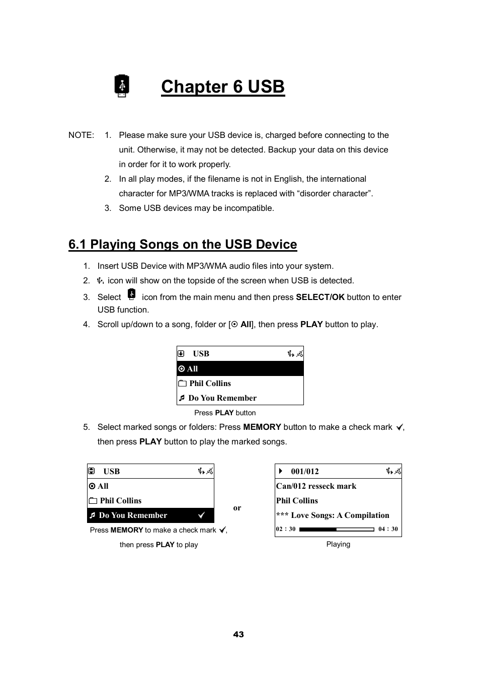 Chapter 6 usb, 1 playing songs on the usb device | Cobra Electronics CIR 2000 A User Manual | Page 43 / 76