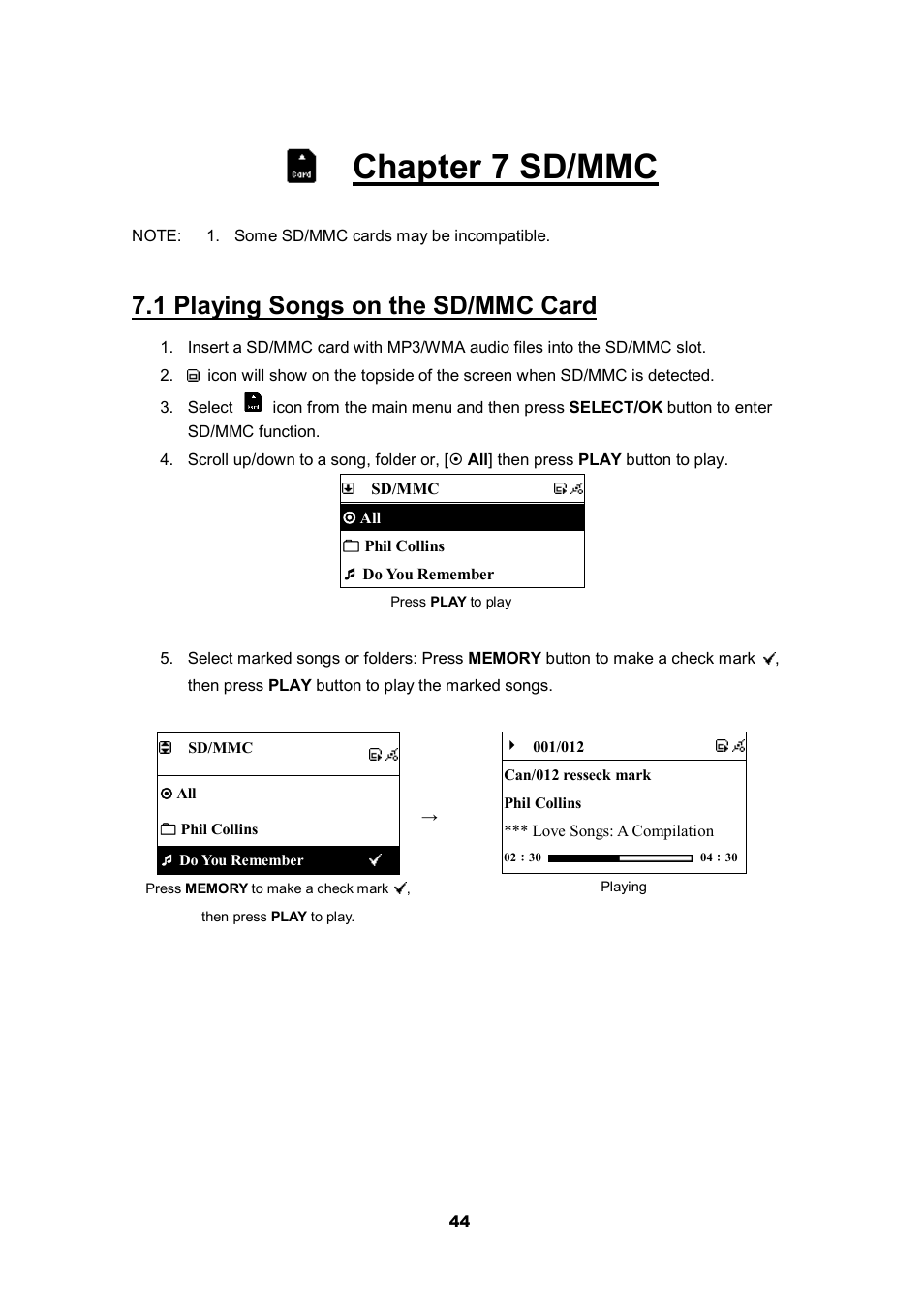 Chapter 7 sd/mmc, 1 playing songs on the sd/mmc card | Cobra Electronics CIR 2000 A User Manual | Page 44 / 76