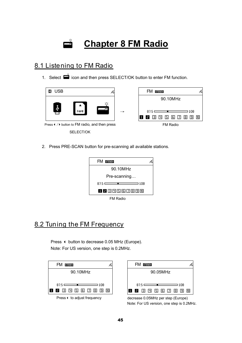 Chapter 8 fm radio, 1 listening to fm radio, 2 tuning the fm frequency | Cobra Electronics CIR 2000 A User Manual | Page 45 / 76