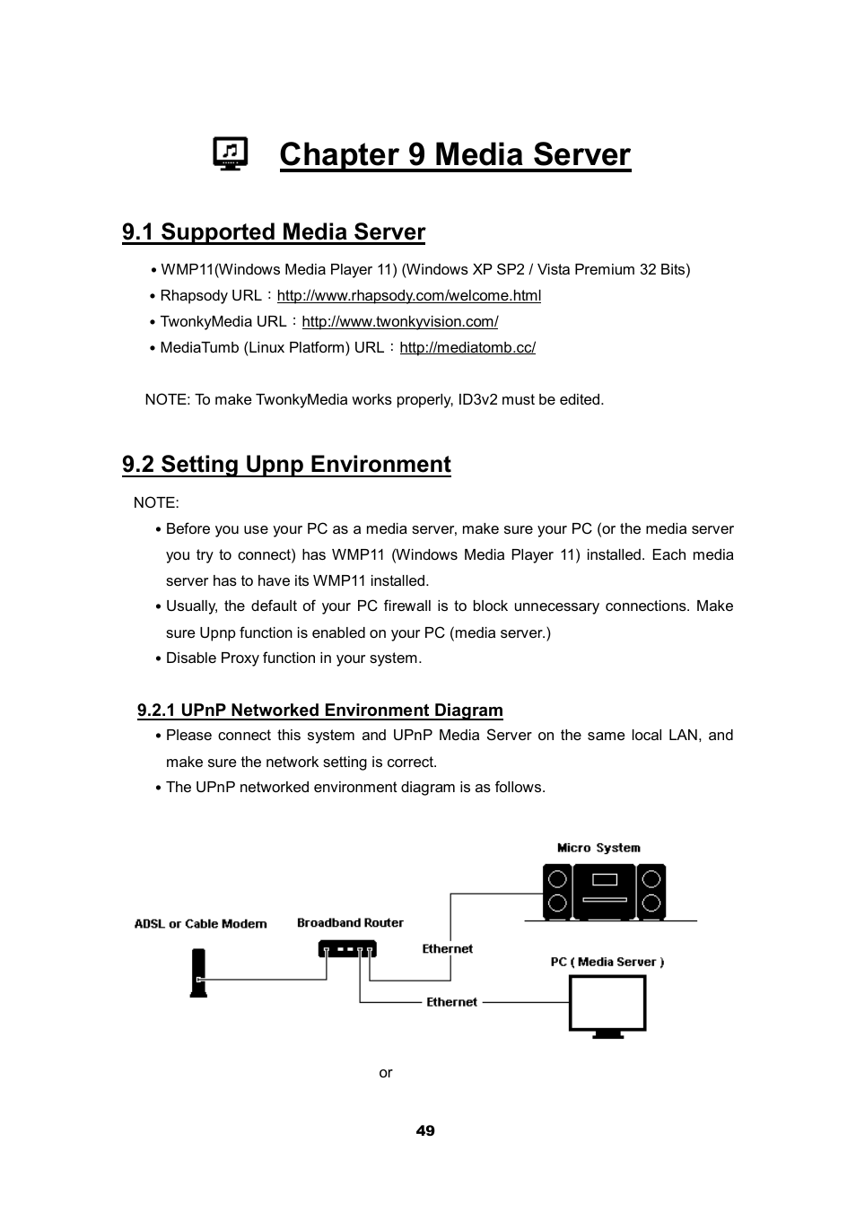 Chapter 9 media server, 1 supported media server, 2 setting upnp environment | Cobra Electronics CIR 2000 A User Manual | Page 49 / 76