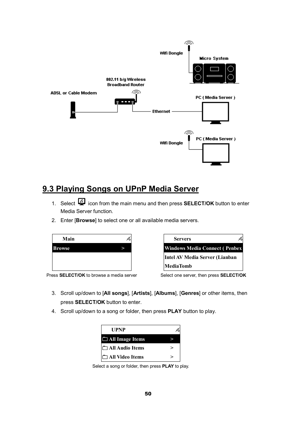 3 playing songs on upnp media server | Cobra Electronics CIR 2000 A User Manual | Page 50 / 76