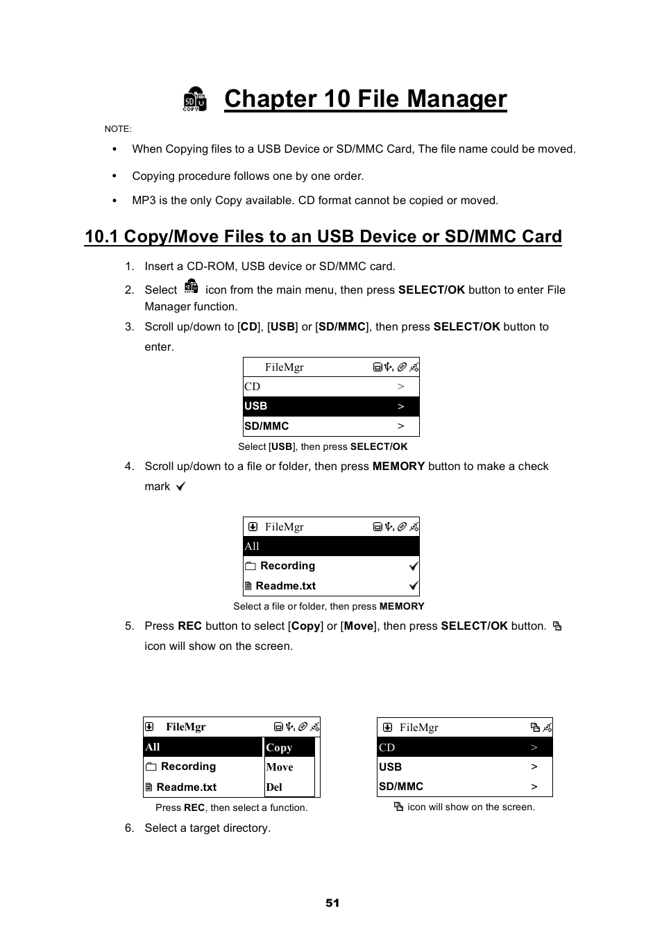 Chapter 10 file manager, 1 copy/move files to an usb device or sd/mmc card | Cobra Electronics CIR 2000 A User Manual | Page 51 / 76