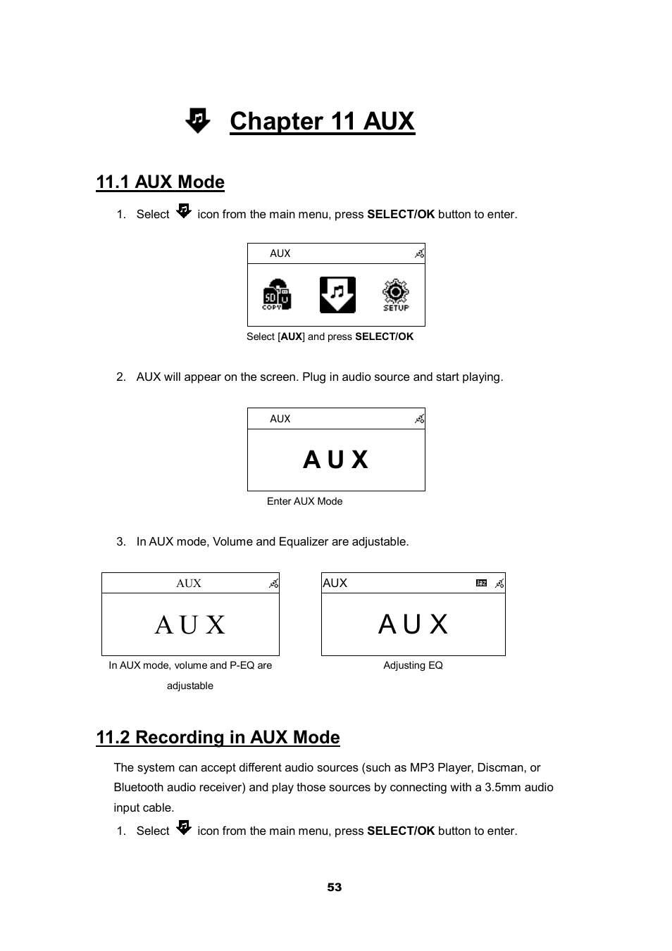 Chapter 11 aux, A u x, 1 aux mode | 2 recording in aux mode | Cobra Electronics CIR 2000 A User Manual | Page 53 / 76