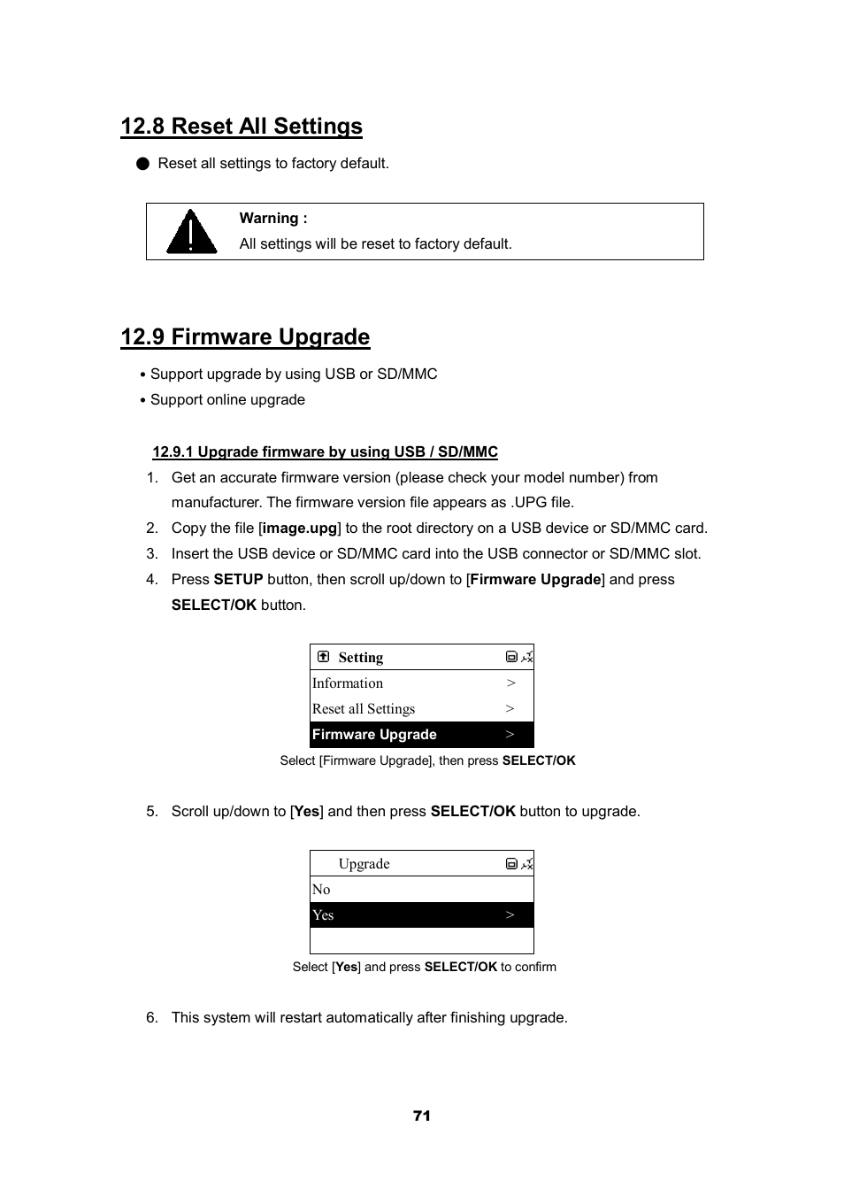 8 reset all settings, 9 firmware upgrade | Cobra Electronics CIR 2000 A User Manual | Page 71 / 76