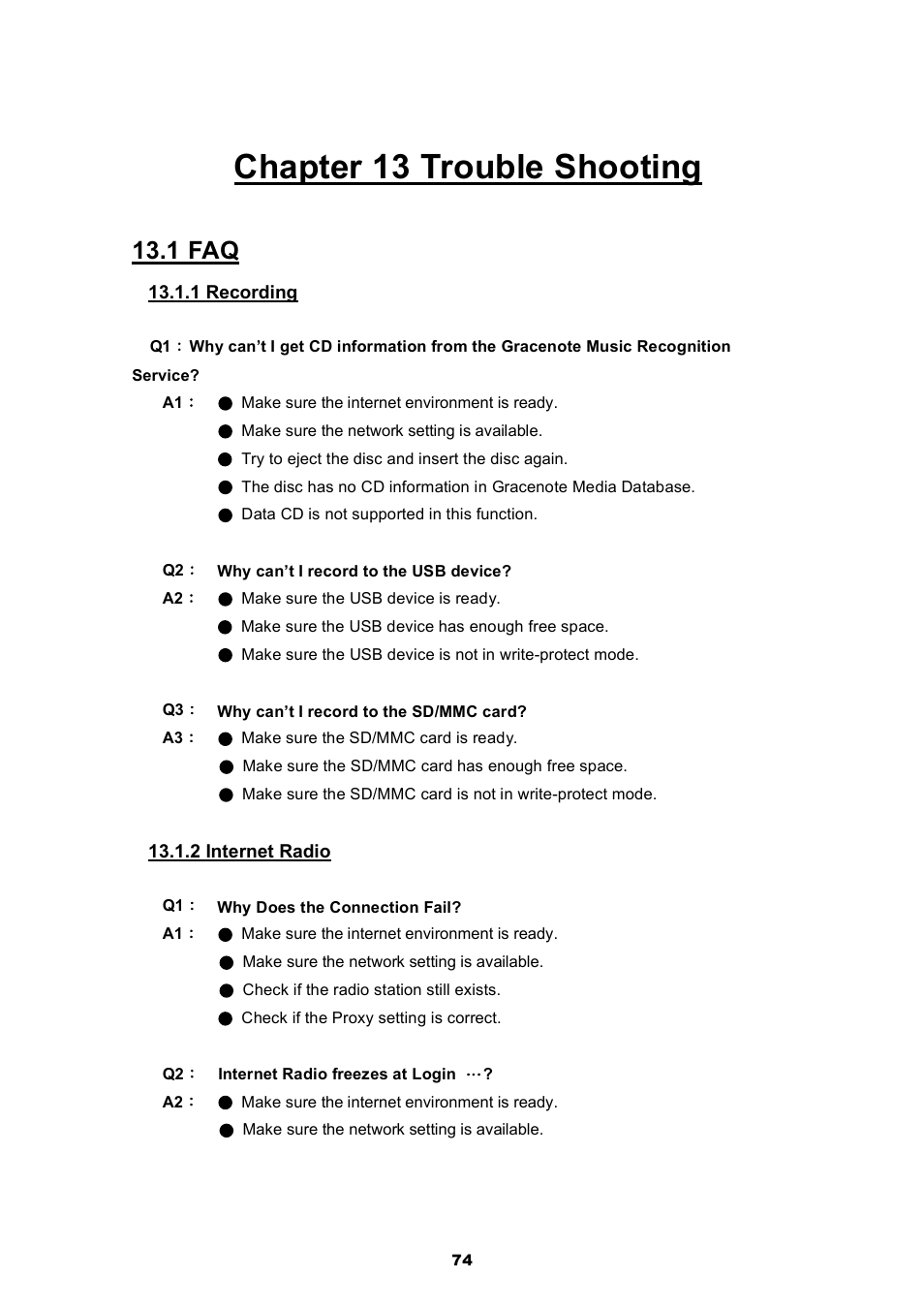 Chapter 13 trouble shooting, 1 faq | Cobra Electronics CIR 2000 A User Manual | Page 74 / 76