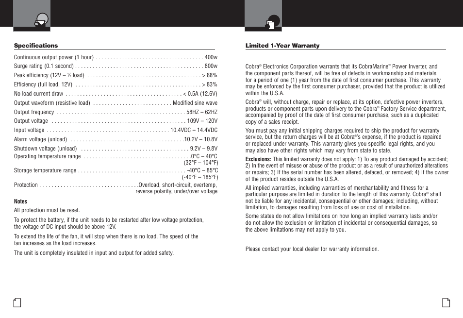 Specifications, Warranty | Cobra Electronics CPI M400 User Manual | Page 12 / 14