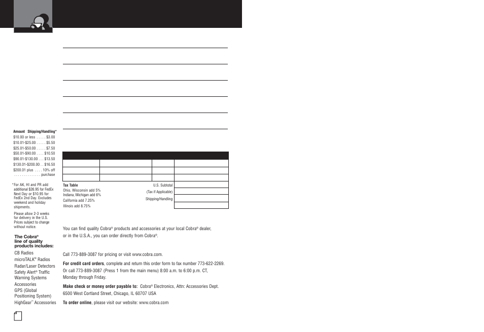 Accessories and order form | Cobra Electronics CPI M400 User Manual | Page 14 / 14