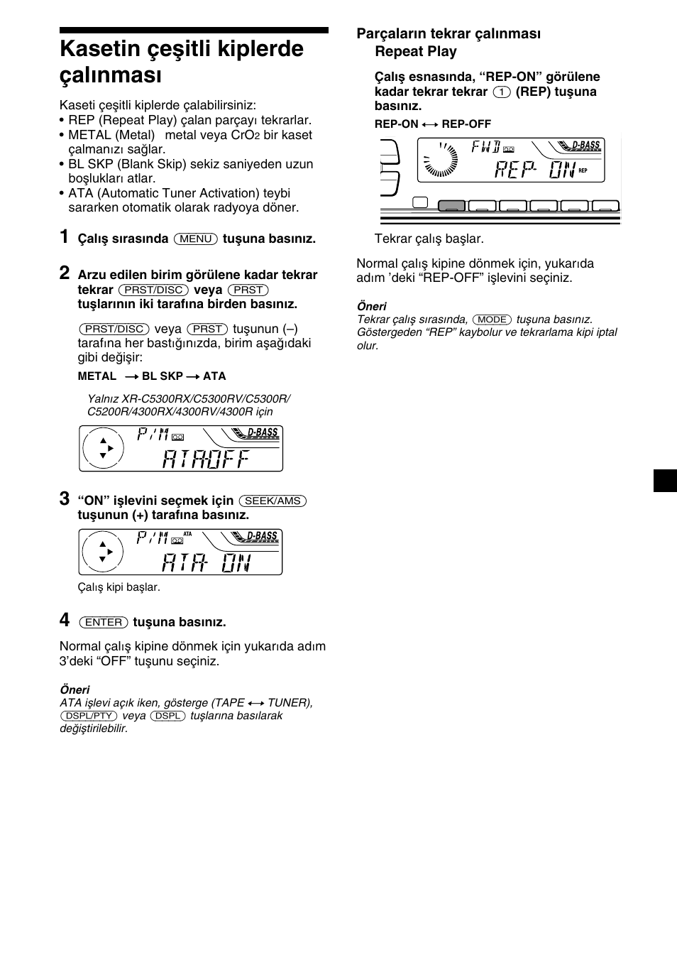 11 kasetin çeşitli kiplerde çalınması, Parçaların tekrar çalınması — repeat play | Sony XR-4200R User Manual | Page 101 / 152