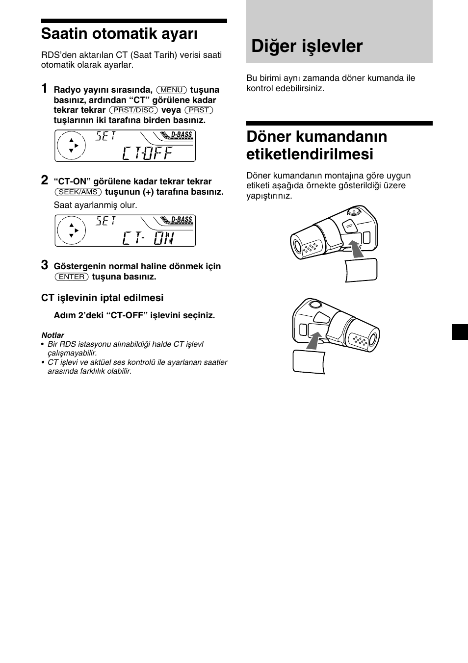 Diğer işlevler, 19 saatin otomatik ayarı, Döner kumandanın etiketlendirilmesi | Sony XR-4200R User Manual | Page 109 / 152