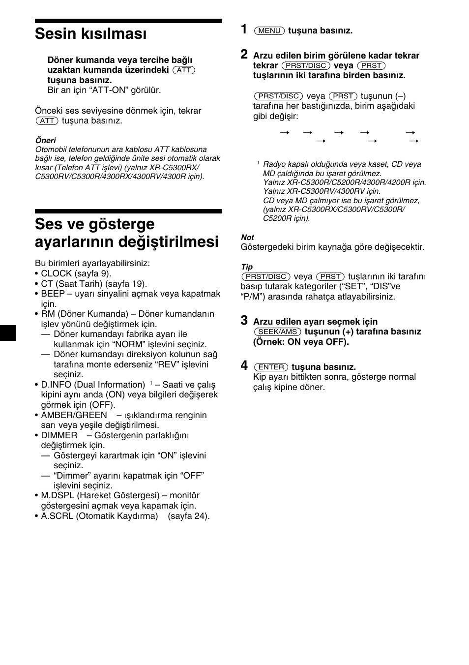 Sesin kısılması, Ses ve gösterge ayarlarının değiştirilmesi | Sony XR-4200R User Manual | Page 112 / 152