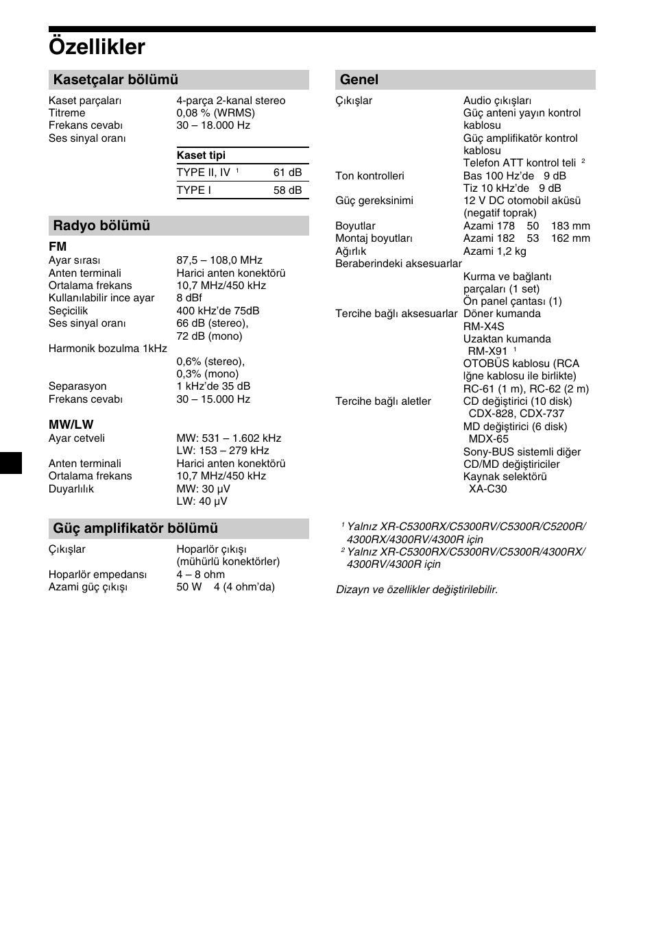 28 özellikler, Kasetçalar bölümü, Radyo bölümü | Güç amplifikatör bölümü, Genel | Sony XR-4200R User Manual | Page 118 / 152