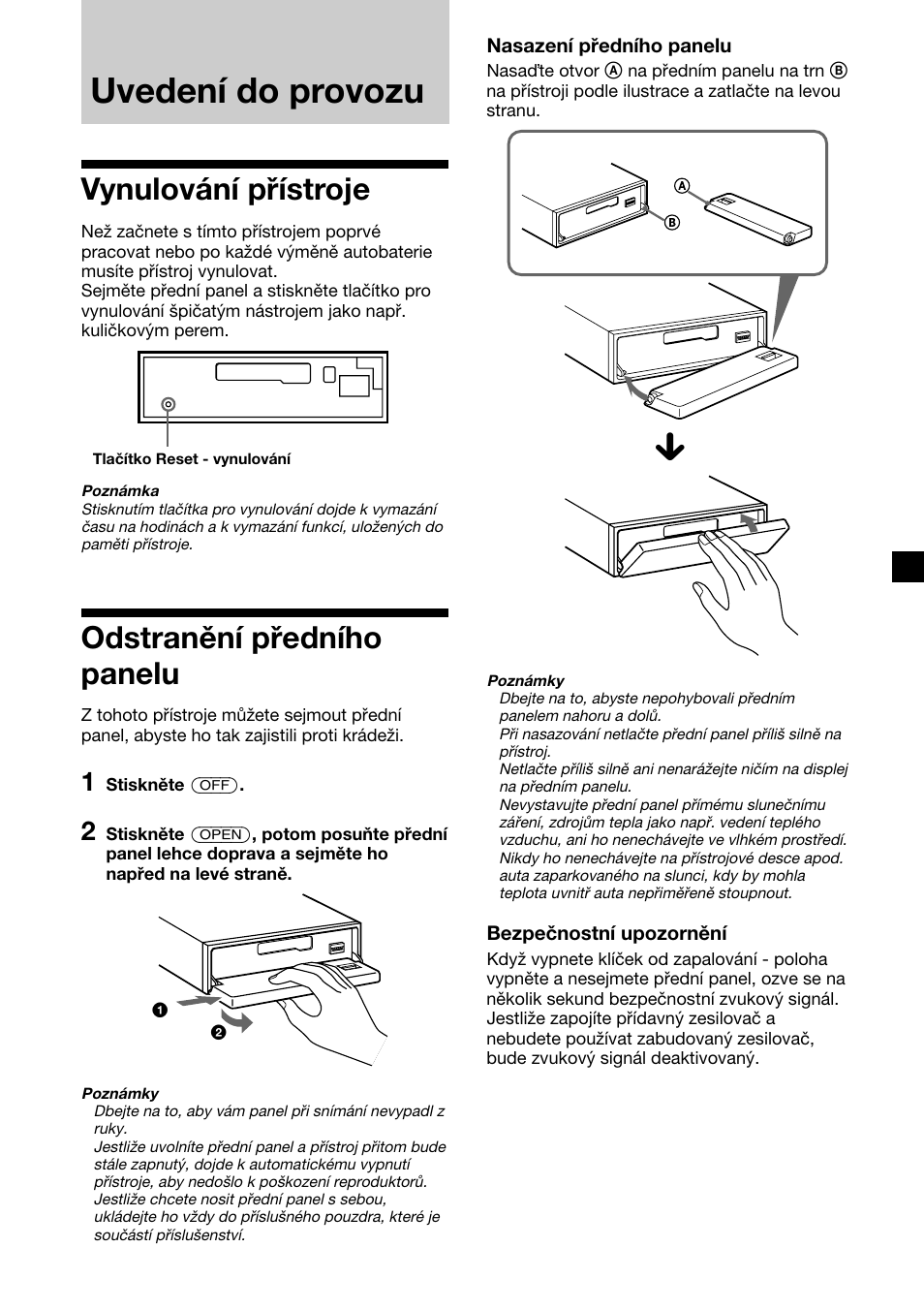 Uvedení do provozu, Vynulování přístroje, Odstranění předního panelu | Sony XR-4200R User Manual | Page 37 / 152